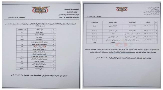 شرطة السير بعدن تصدر تقريرها الأسبوعي للمخالفات والحوادث ...